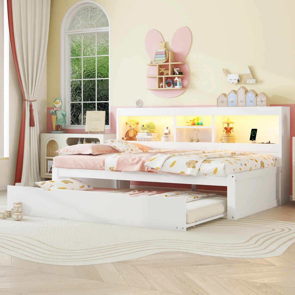 Letto con letto estraibile 90 × 200 cm con LED telecomandato prese USB vano laterale bianco