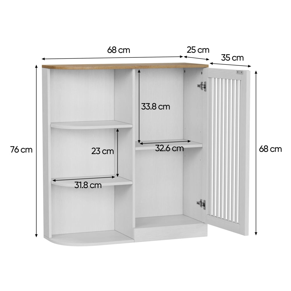 Armadio da bagno angolare con 3 ripiani aperti e ripiani regolabili, in MDF bianco e rovere, 68 × 25 × 76 cm