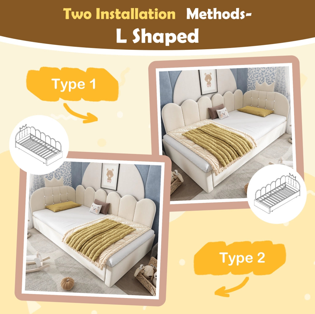 Divano Letto con Letto Estraibile L-Shape 90x200 cm in Velluto Beige per Cameretta e Ospiti