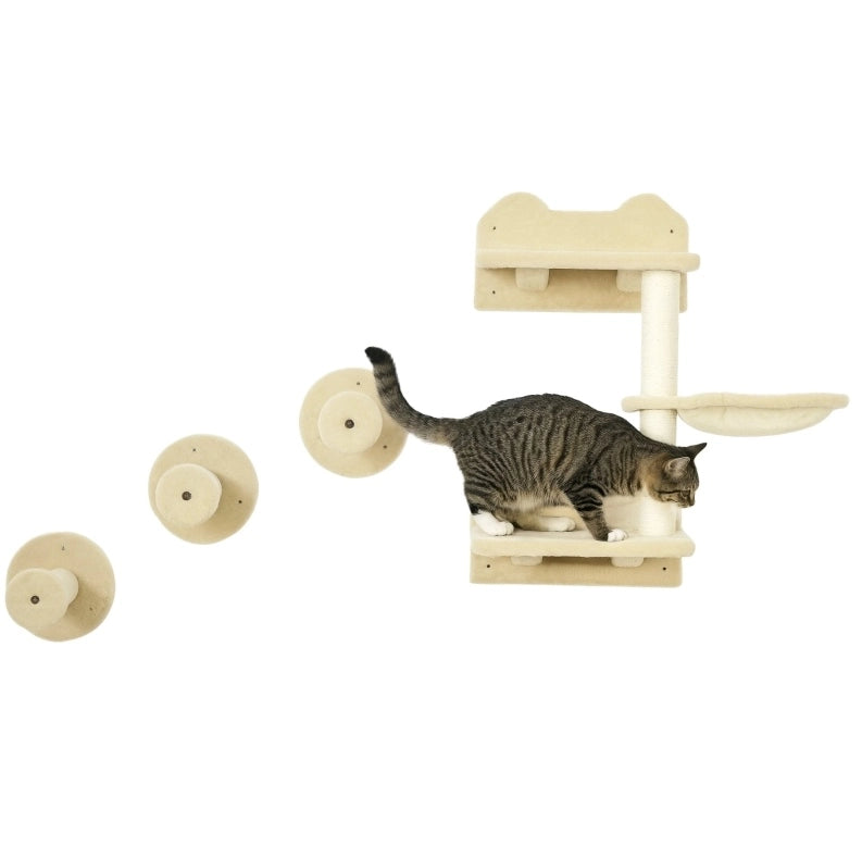Set parete per gatti 4 pezzi con tiragraffi e amaca beige