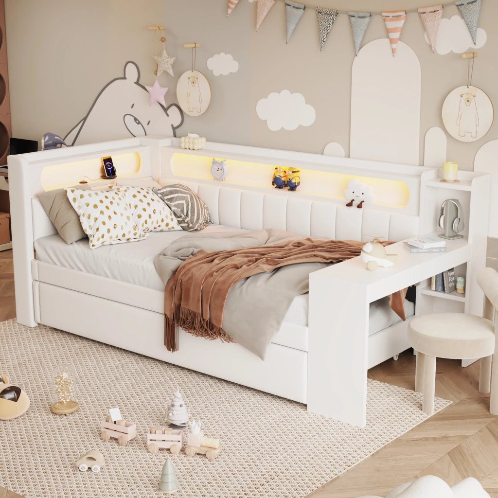 Daybed Imbottito 90x200 cm con Letto Estraibile; LED; USB; Scrivania; Bianco