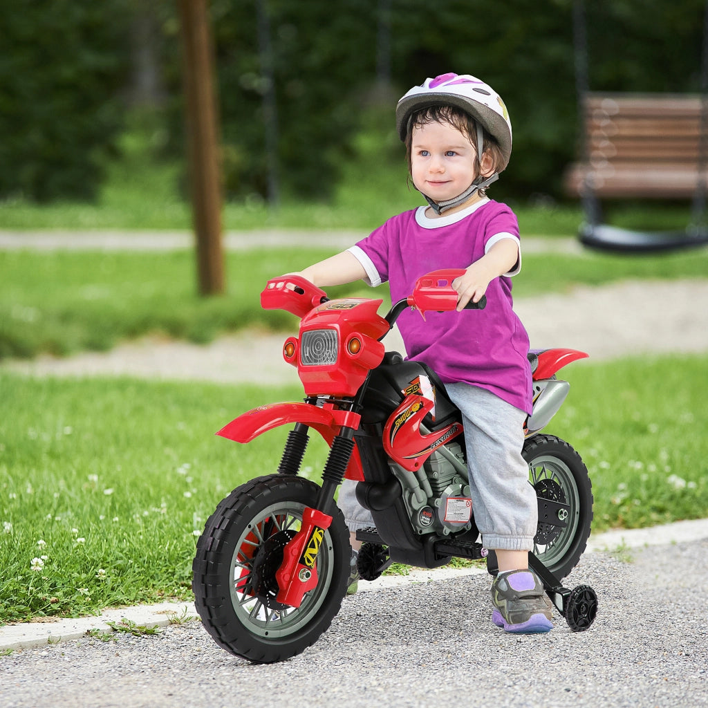 Moto cross elettrica per bambini 3-6 anni 6V con fari clacson e rotelle rimovibili 102 x 58 x 66 cm rosso e nero