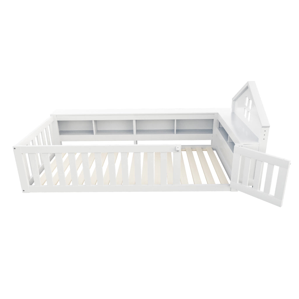 DESMIU Letto per Bambini Singolo con Contenitori, Sponde e Porta, 90 × 200 cm, Senza Materasso, Legno Massello, Bianco