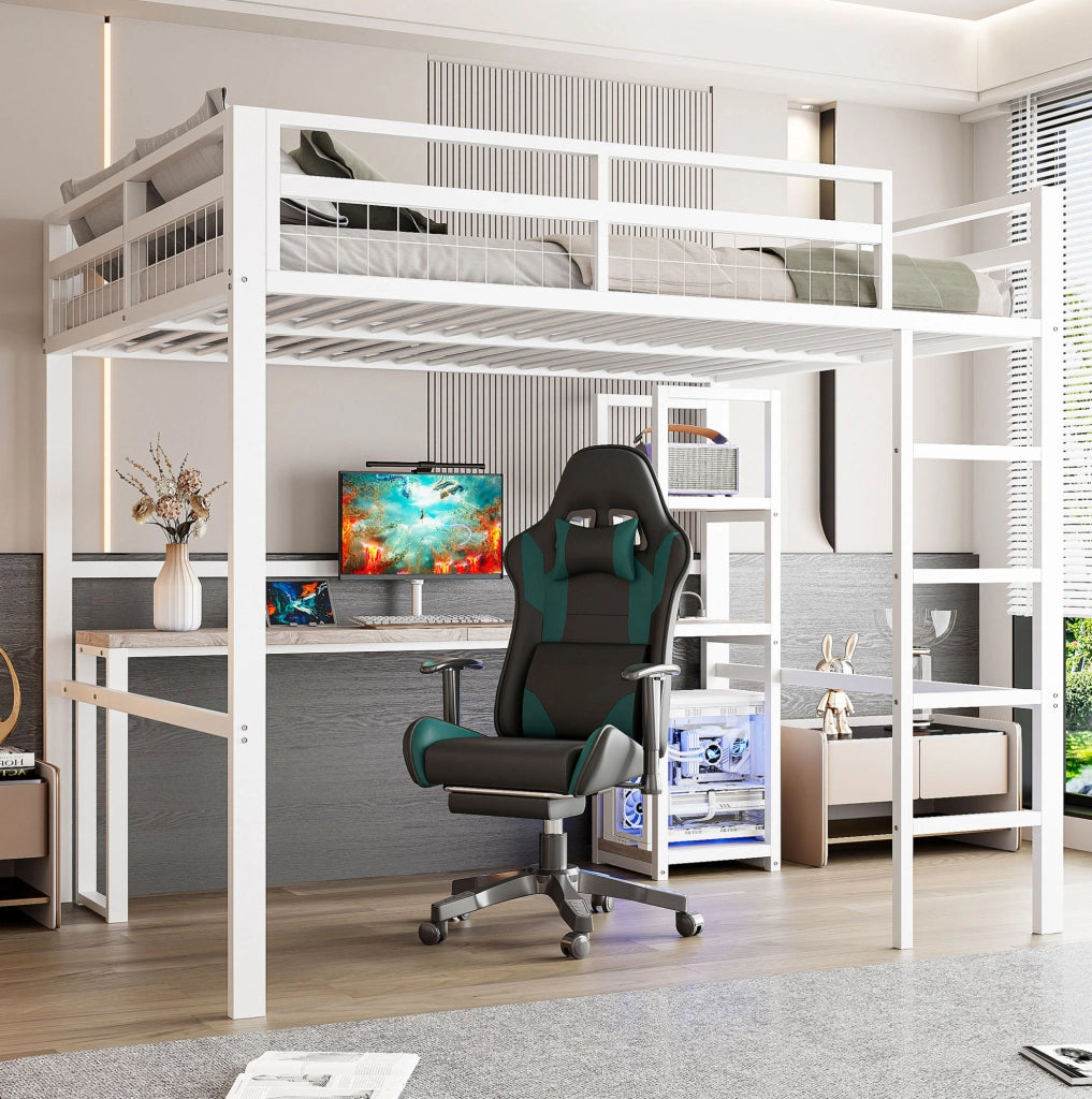 Letto a soppalco 140x200 cm con scrivania, ripiani e prese USB-C bianco