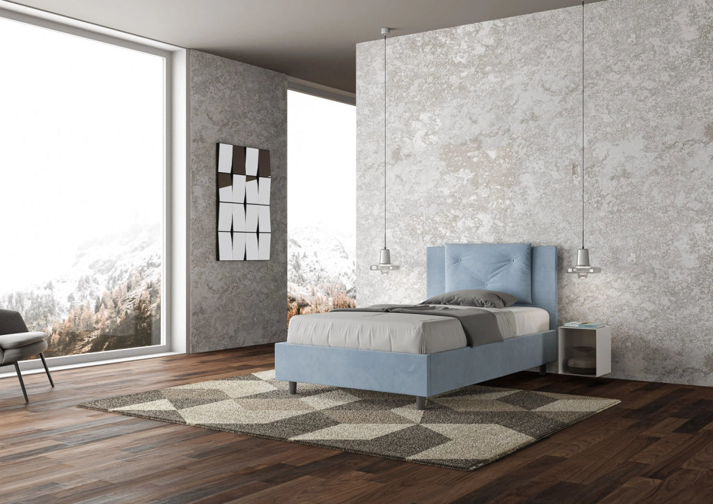 BS COM Letto una piazza e mezza con rete imbottito 110x190 microfibra azzurro