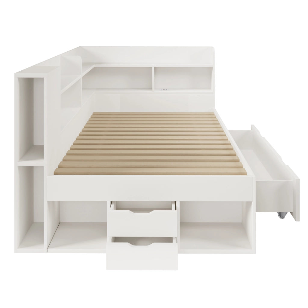 Letto con cassetti 90 × 200 cm con LED; USB e Tipo-C; mensole; rete a doghe e cassetto su ruote bianco