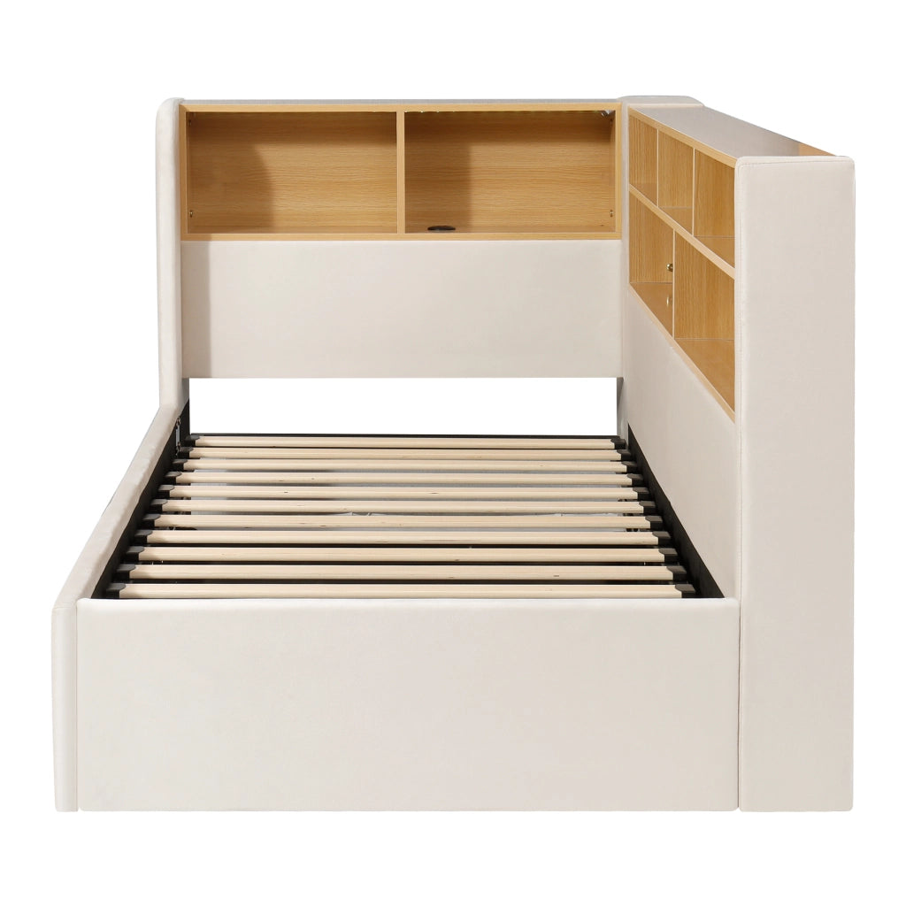 Daybed imbottito con contenitore idraulico, LED e USB, 90x200 cm, velluto beige