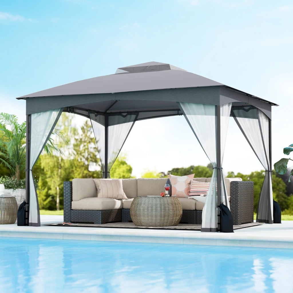 Gazebo da patio tetto morbido a doppia copertura con 4 sacchetti di sabbia, Gazebo da patio 3 x 3,6 m per prato giardino all'aperto Grigio
