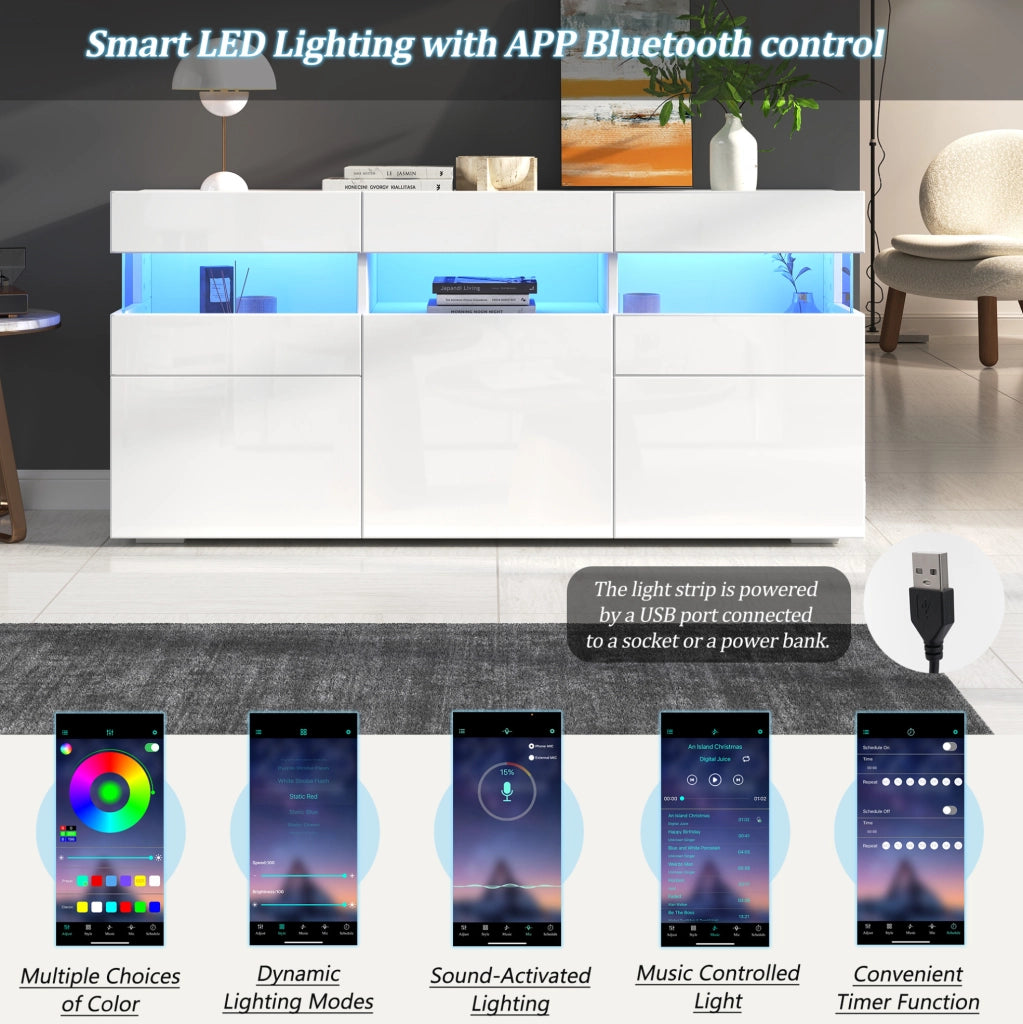 Credenza bianca lucida con LED e 3 ante, 140 cm
