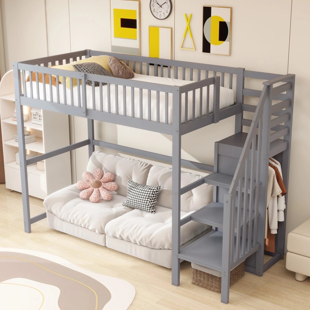 Letto a soppalco 90x200 Letto per bambini in legno con armadio e scale Grigio