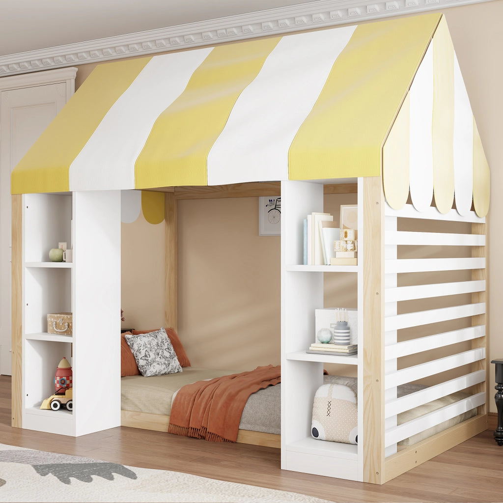 Letto per bambini 90 × 200 cm con baldacchino e due vani aperti in legno bianco e naturale