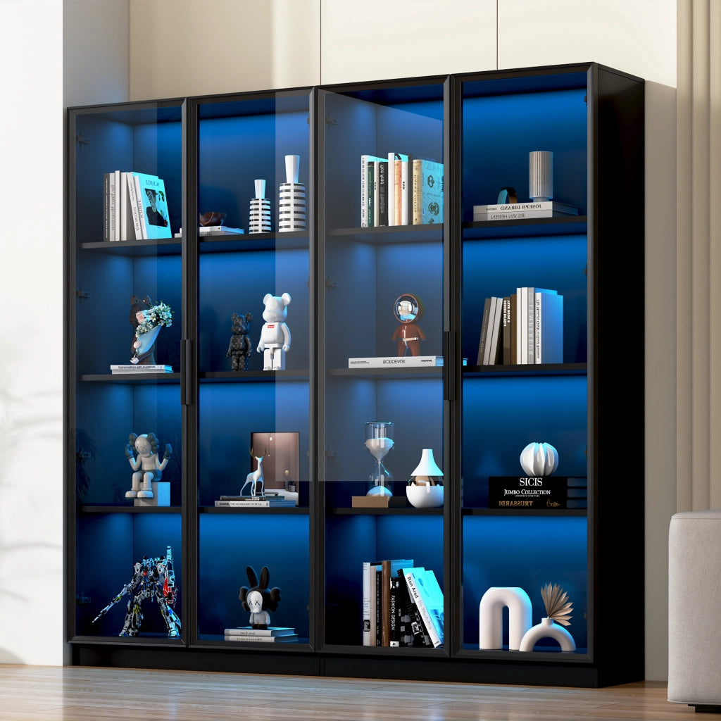 Vetrina con ante in vetro e telaio in alluminio; ripiani regolabili; illuminazione LED controllabile tramite app; nera
