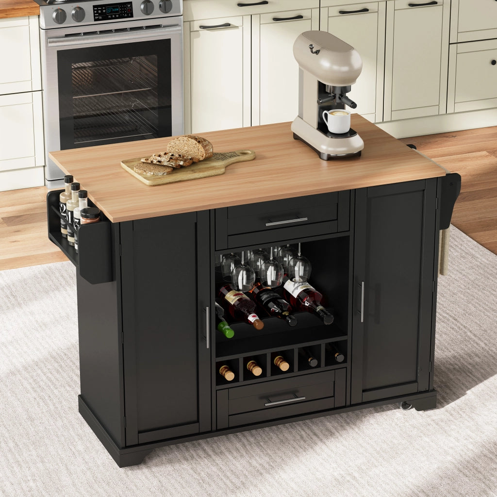 Carrello da cucina con piano pieghevole; 2 armadi; 2 cassetti; portabottiglie; portabicchieri e ruote