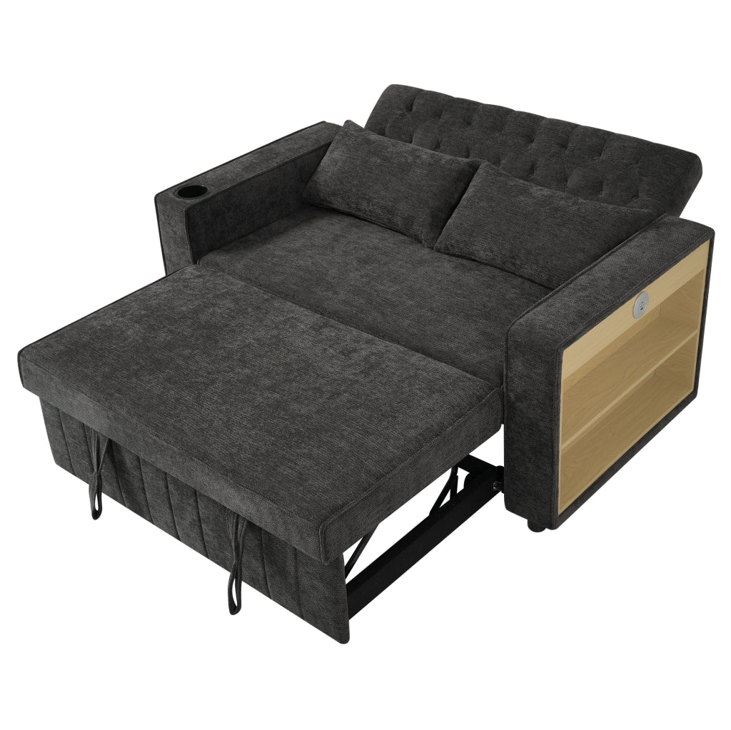 Divano letto multifunzionale 2 posti in tessuto chenille con schienale regolabile, porta bevande e porta USB, grigio