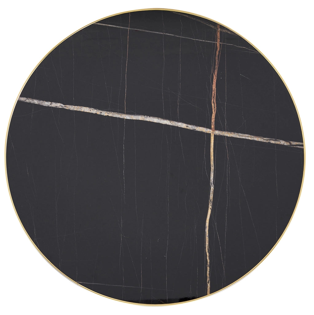 Tavolino Rotondo con Piano Effetto Marmo, Bordo Dorato e Struttura in Metallo Nero/Oro, Ø 60 cm, Altezza 73,7 cm