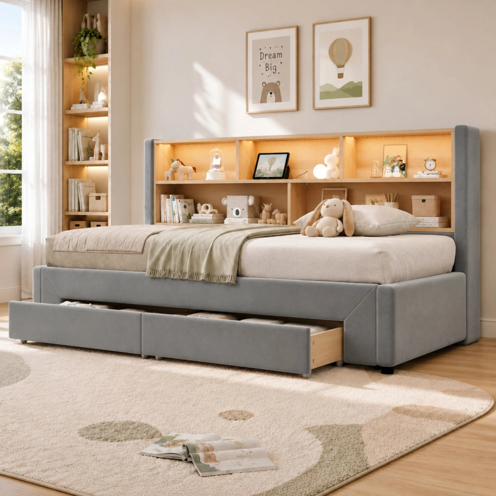 Letto singolo estraibile 90x200 cm con 2 cassetti; LED e USB/Type-C in velluto grigio HOMVRA