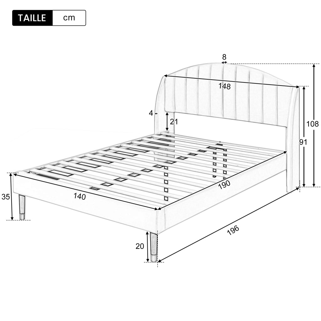Letto matrimoniale 140 × 190 cm 2 posti con testiera imbottita e struttura stabile, senza materasso, in velluto beige