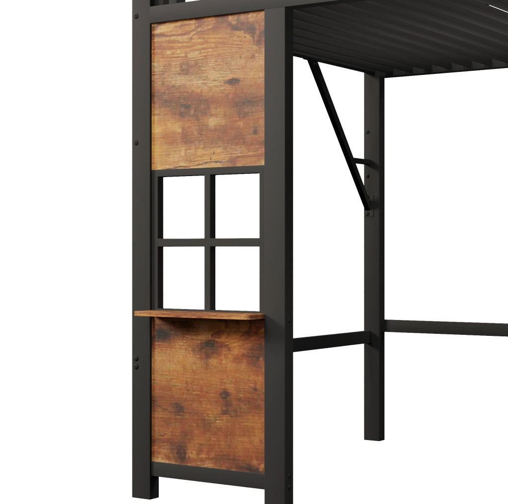 Letto a soppalco 140x200 cm in metallo e MDF con scala contenitore nero HOMVRA