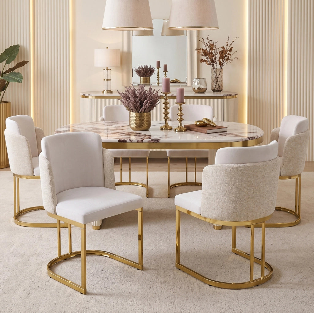 Set di 4 sedie da pranzo in ciniglia beige e oro