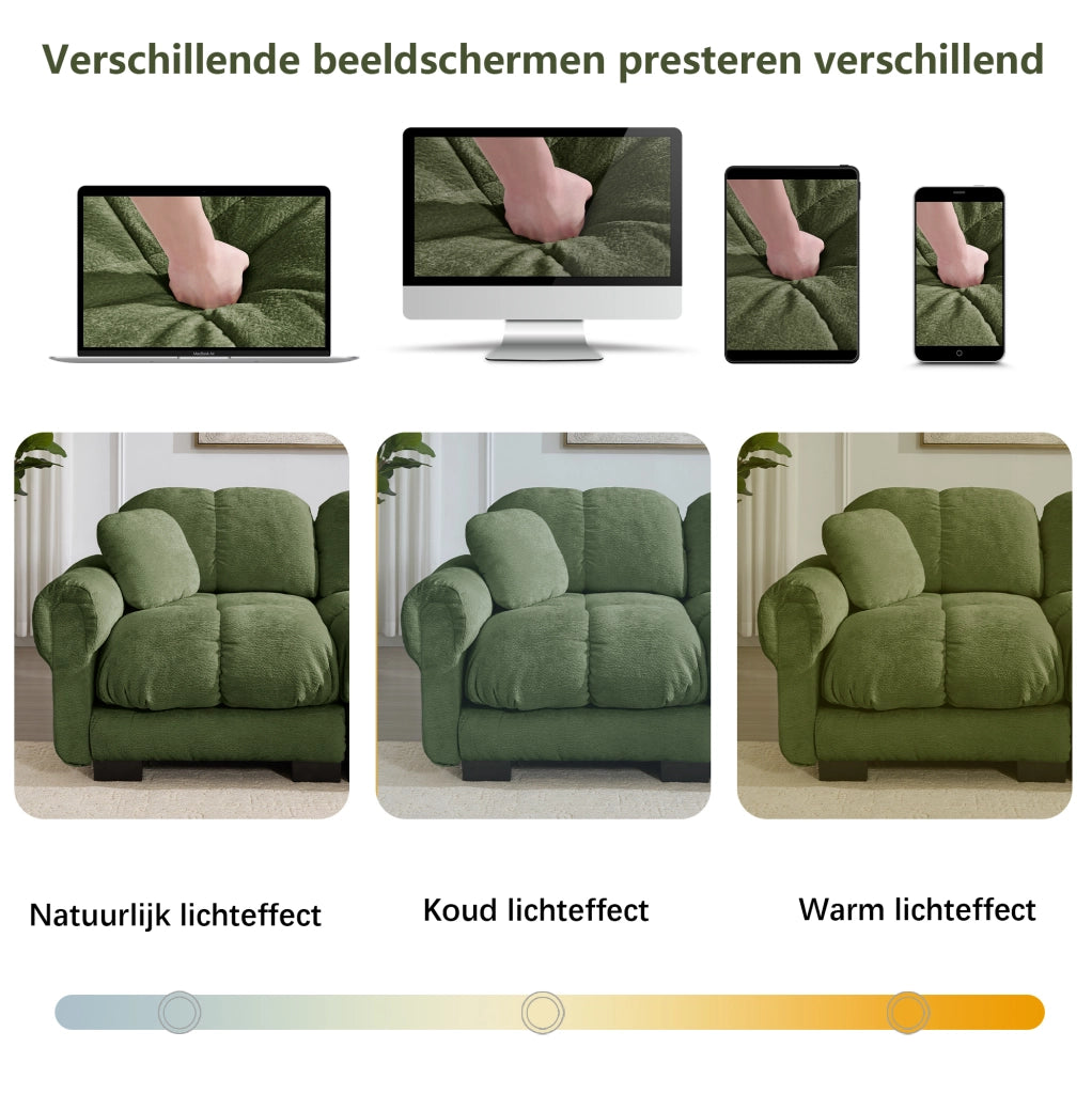 Divano angolare a 3 posti in chenille verde con ottomana mobile e cuscini decorativi
