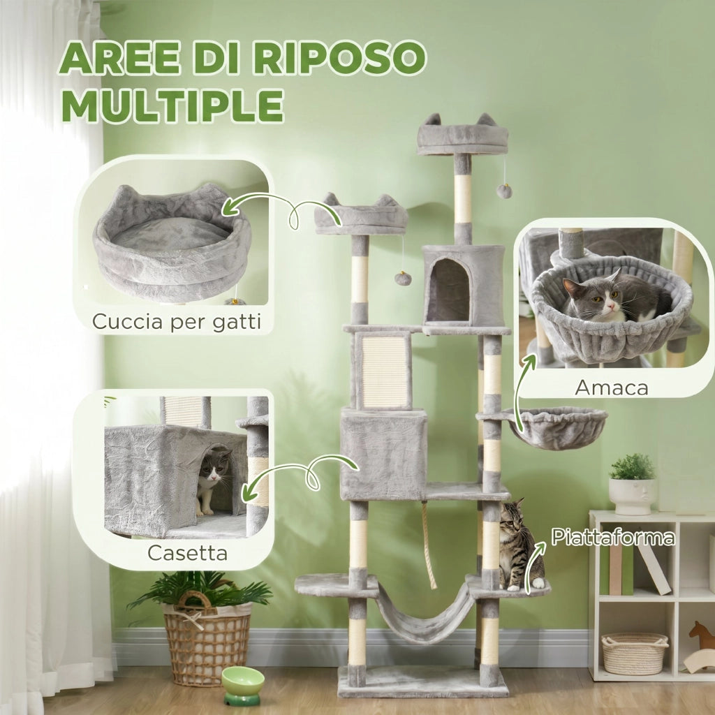 Albero per Gatti 60x50x206A cm con 4 Pali Graffiatoi Cesti Amache per 1-3 Gatti 6 kg in Peluche e Sisal Grigio Chiaro