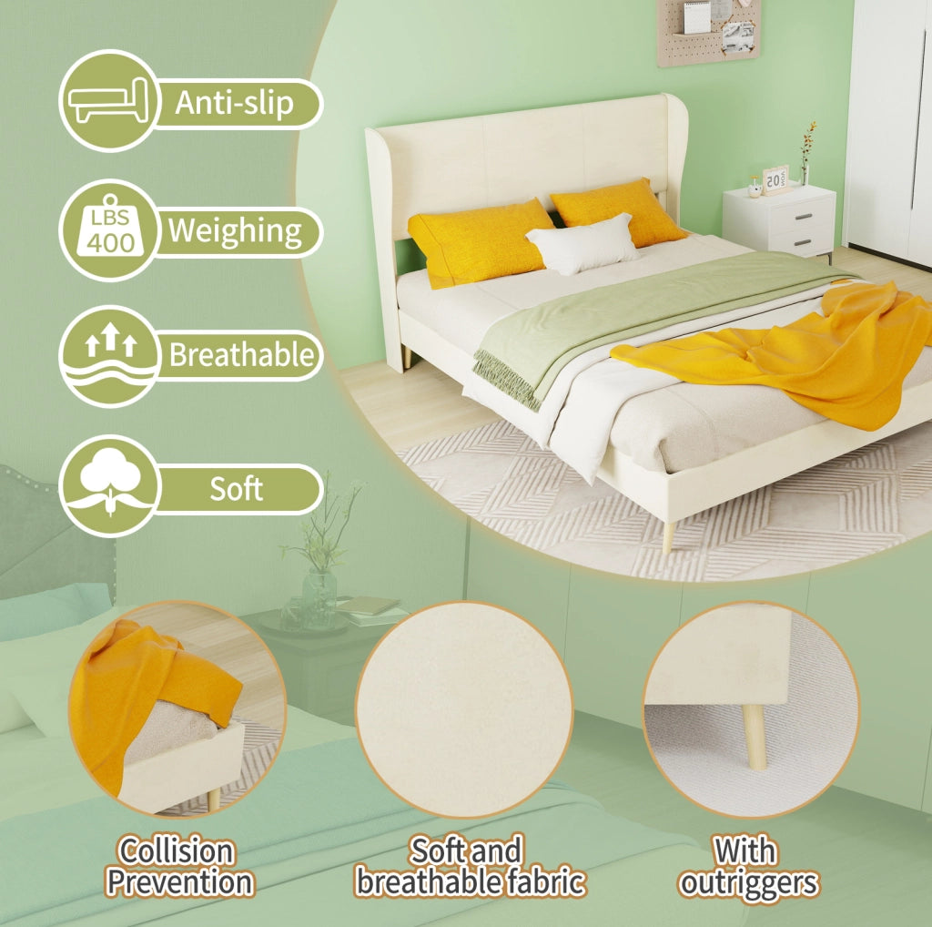 Letto imbottito ULEVR 140x200 cm con testiera e schienale in tessuto beige, struttura in metallo