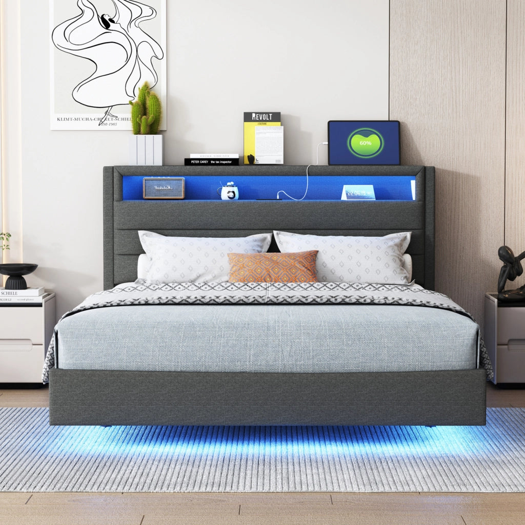 Letto imbottito 140x200 cm con LED, USB e testiera contenitore