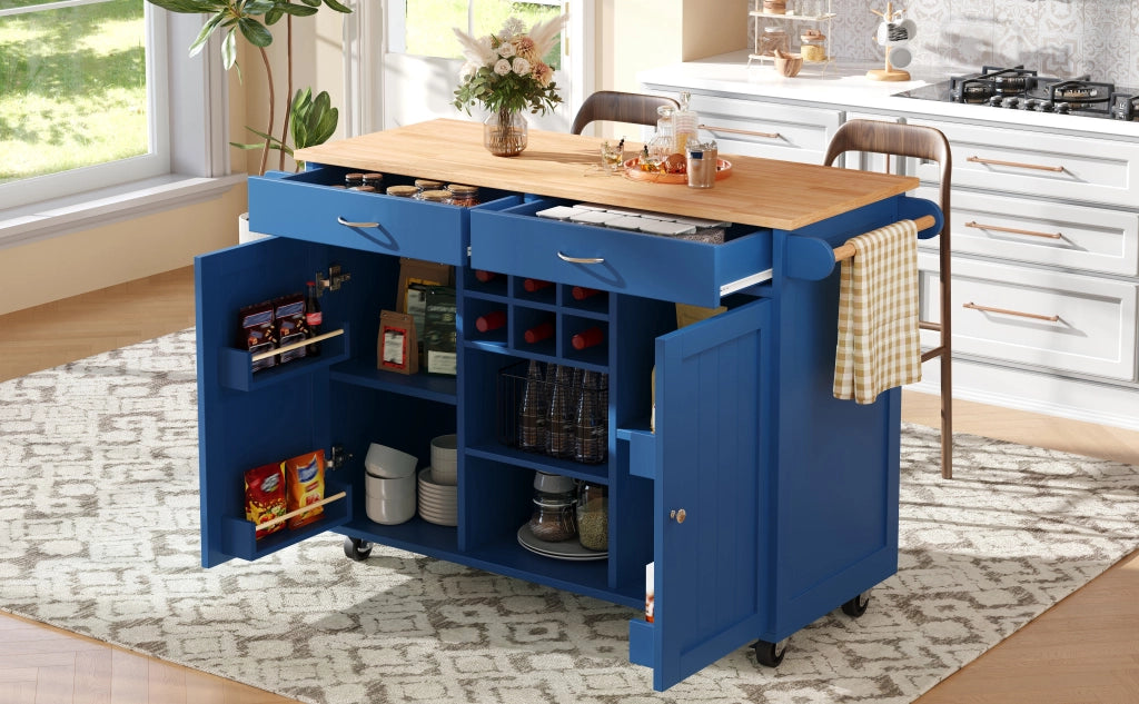 Mobile base da cucina con ruote bloccabili portabottiglie e ripiani laterali MDF blu 102 × 45 × 92 cm