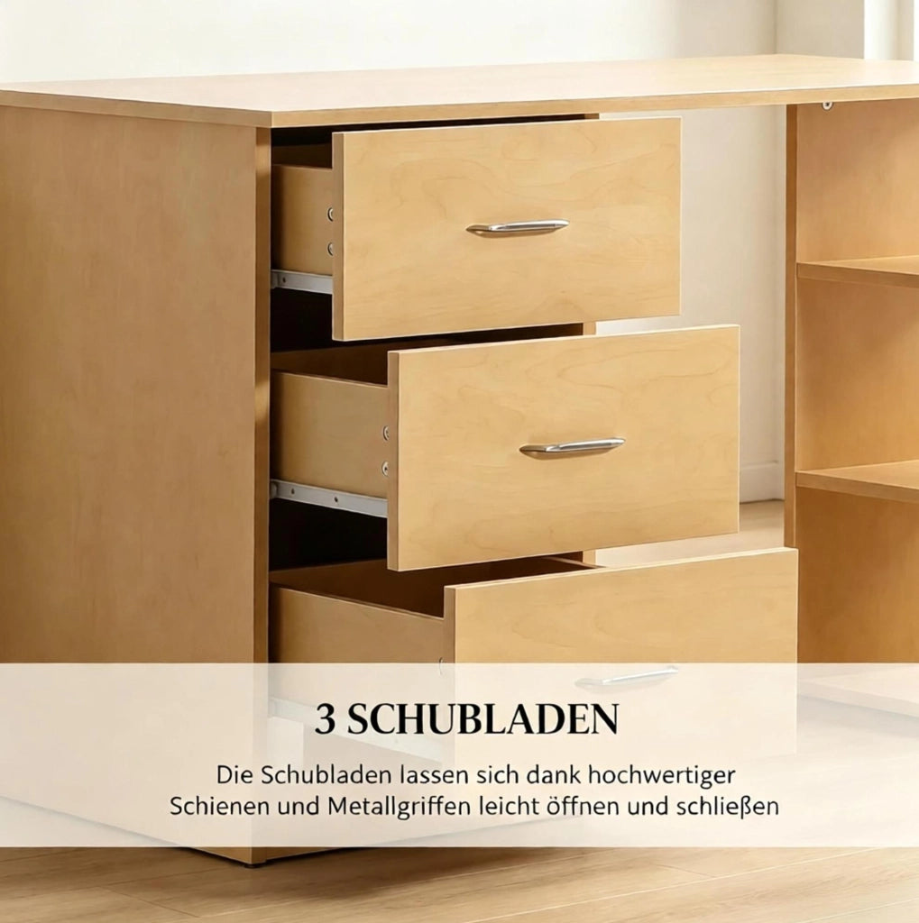 Scrivania per computer in MDF, 120x49x72 cm, con cassetti e ripiani regolabili, colore legno chiaro