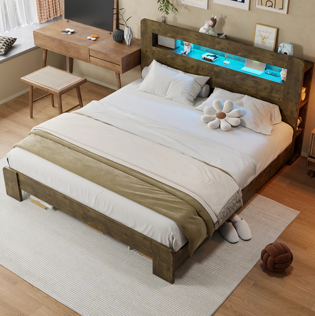 Letto in legno con testiera contenitore, illuminazione LED e prese integrate 180x200 cm Vintage