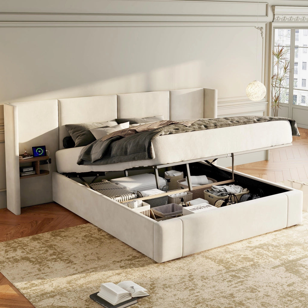 Letto contenitore 160x200 cm con USB-A; USB-C e prese; 2 comodini; rete a doghe in legno; velluto beige