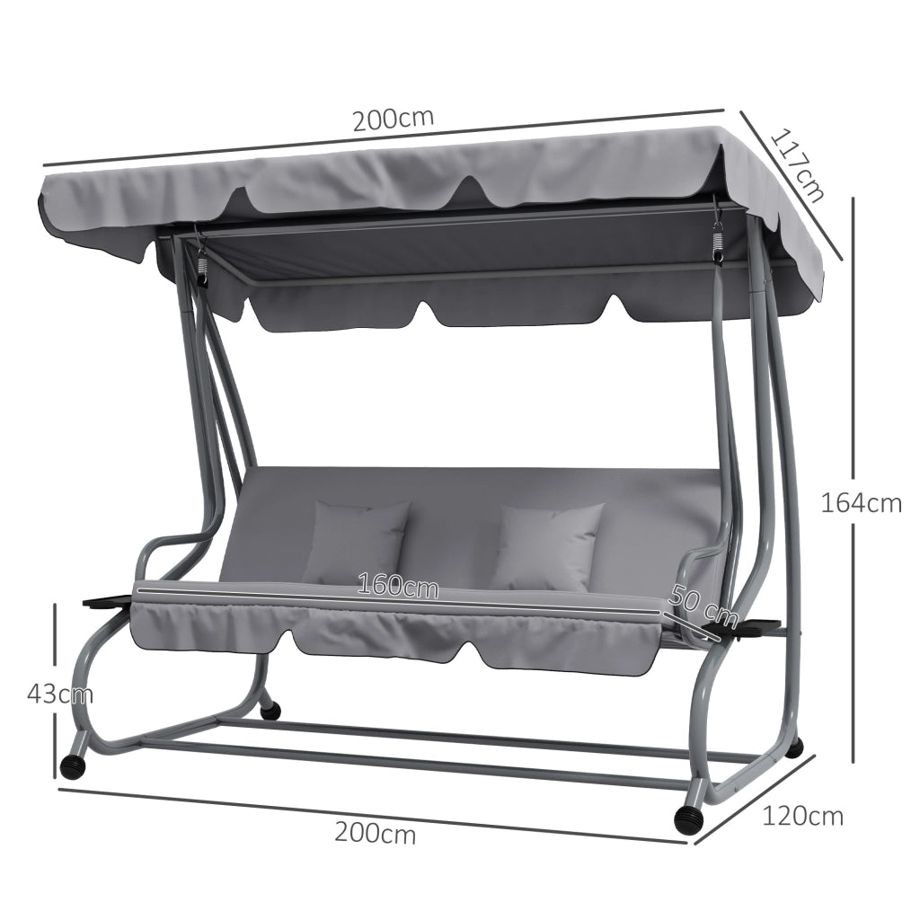 Dondolo da Giardino 2 in 1 con Funzione Letto, Tetto Regolabile, in Acciaio, 200x120x164 cm, Grigio, Portata 340 kg