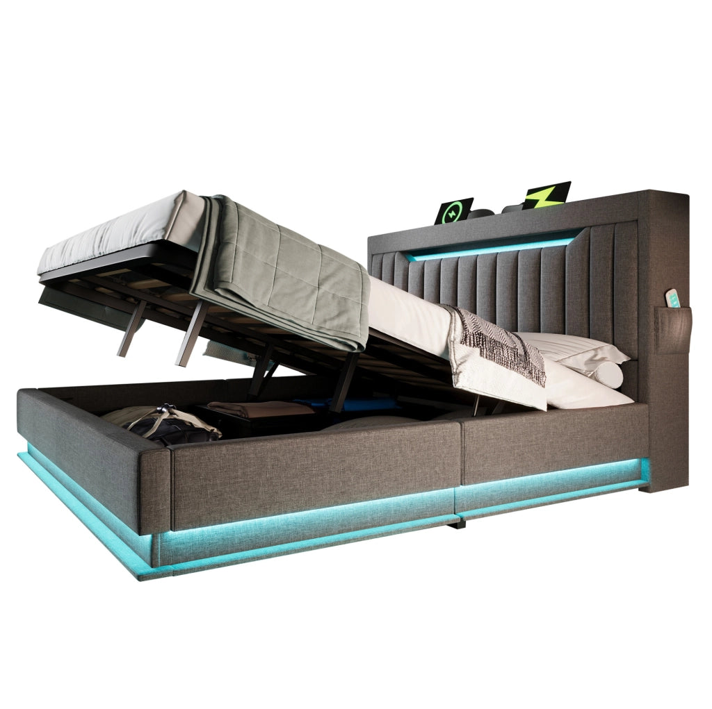 Letto matrimoniale 140x190 cm con contenitore; testiera con USB e Type-C; LED; grigio