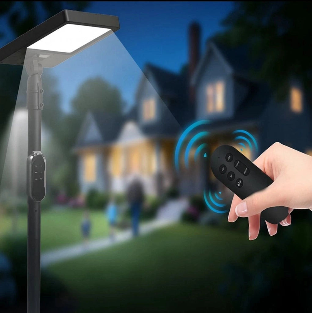 Lampione solare 290W con telecomando CCT, palo regolabile 2630 mm e autonomia 14 ore per illuminazione esterna professionale IP54