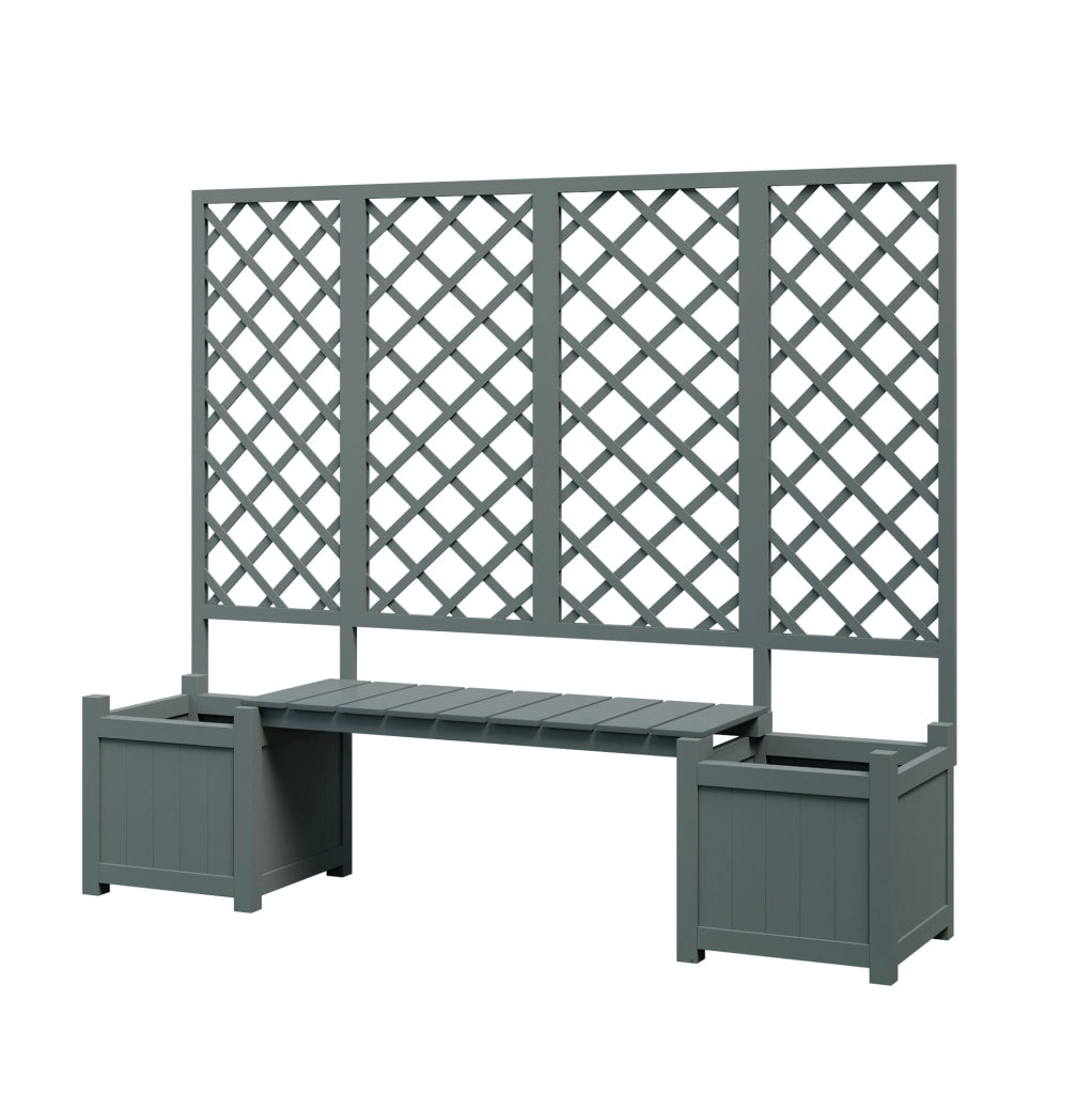 Fioriera in legno massiccio di abete con traliccio e seduta integrata, 169x145x42 cm, colore grigio