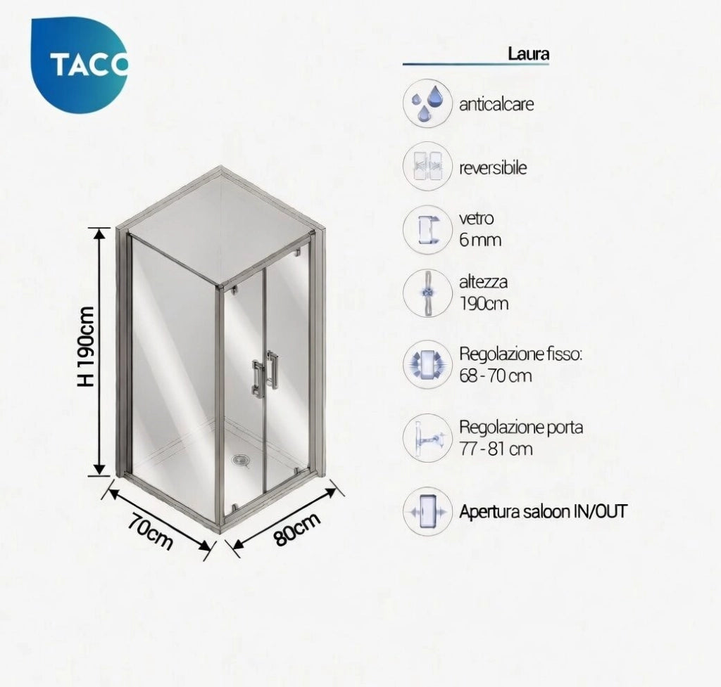 Box Doccia 2 lati 70x80 cm fisso + due battenti h190cm LAURA - Cromato Lucido