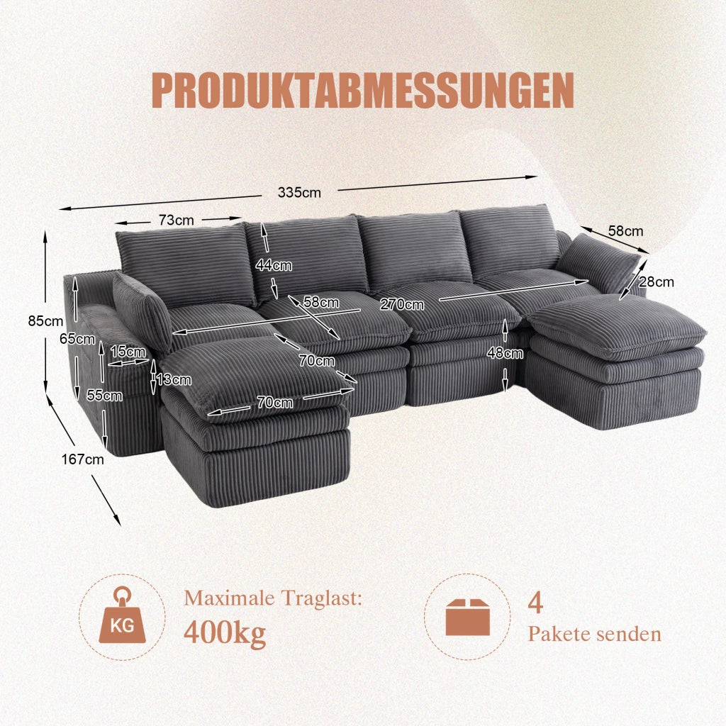 Sedili per divani modulari 4 con pouf 2; 335x167x85 cm;cuscini e tasche laterali;strati di seduta in schiuma 3 con molle;velluto a coste;grigio scuro