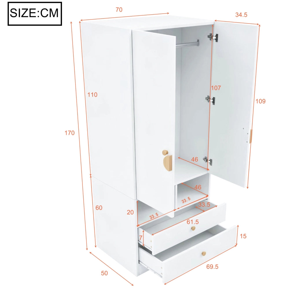 Armadio singolo bianco 70×50×170 cm con due cassetti, maniglie cartoon e piccoli vani portaoggetti