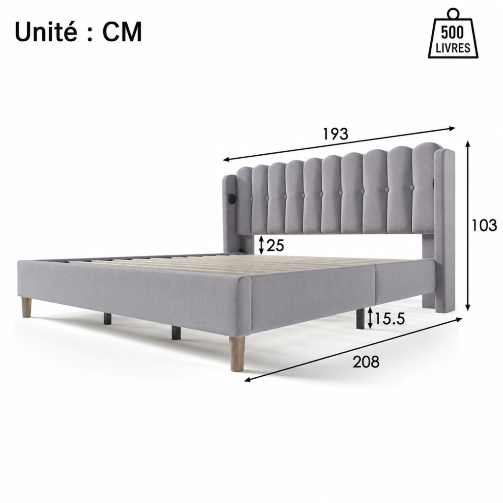 Letto matrimoniale imbottito 180 ¡Á 200 cm con testiera a pannello USB e Type-C in lino grigio con rete a doghe