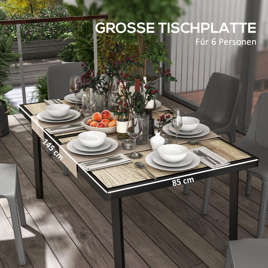 DESMIU Tavolo da Giardino Rettangolare in Acciaio con Piano Effetto Legno per 6 Persone, Grigio, 145 × 85 × 72 cm