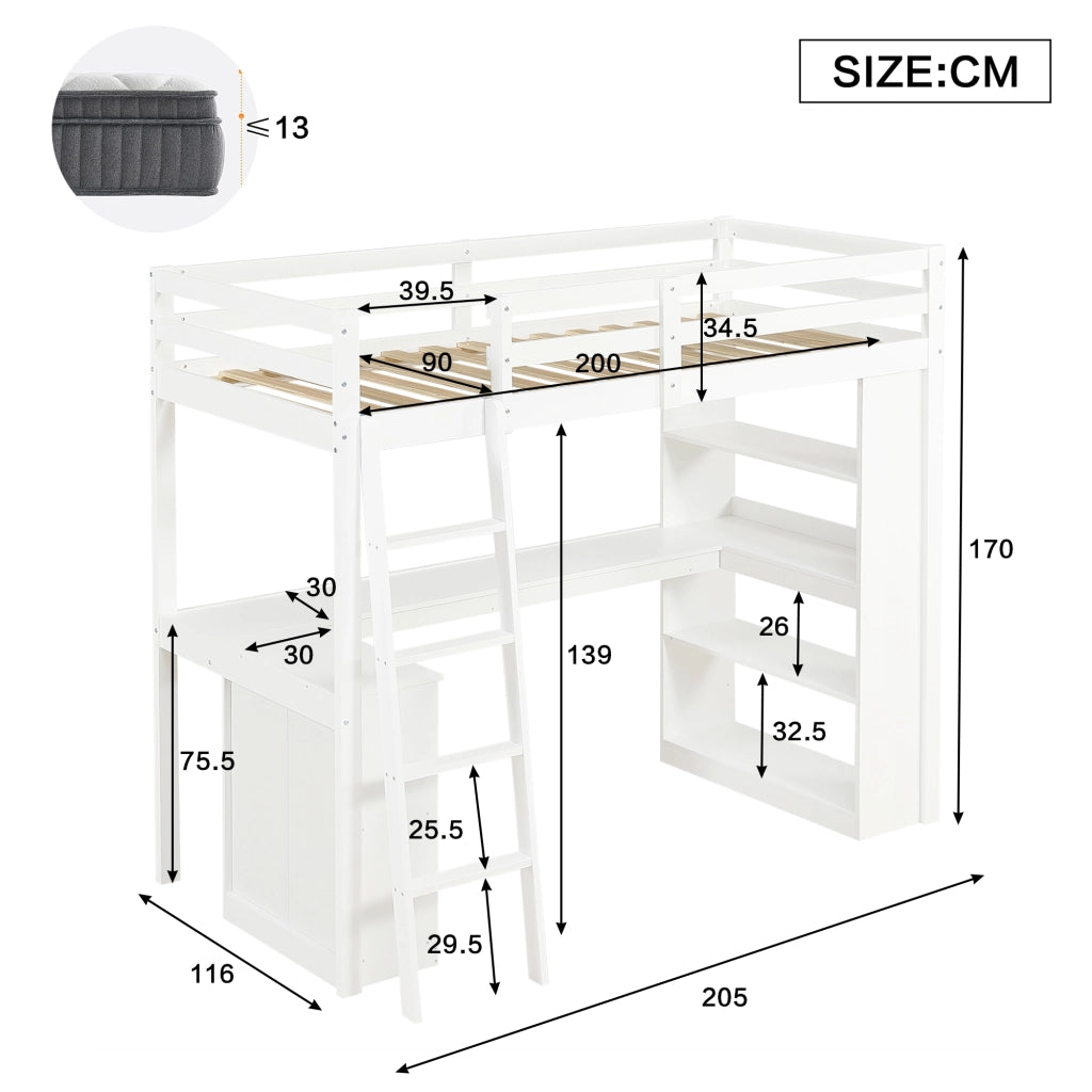 Letto a soppalco 90x200 cm bianco con ripiani; tasche in feltro e scala inclinata
