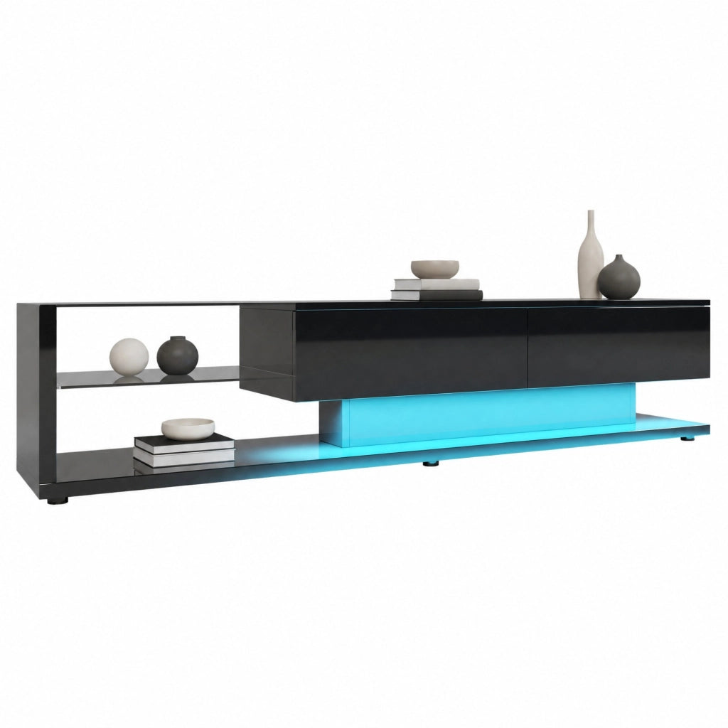 Mobile TV nero lucido con LED e ripiani in vetro 170 cm