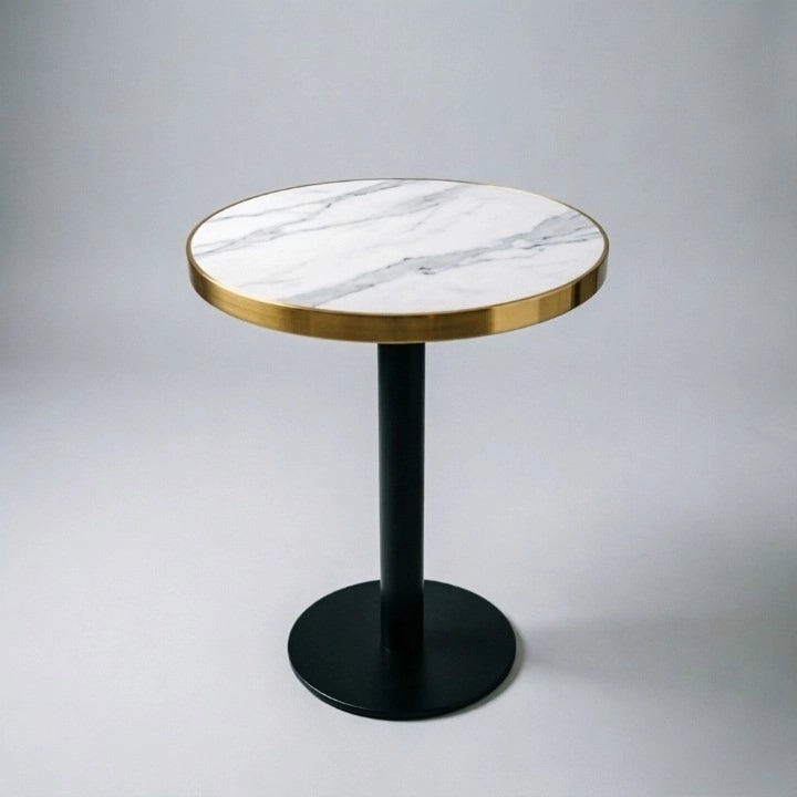 Tavolino da divano rotondo con piano UV effetto marmo bordo in acciaio inox dorato bianco 75 × 71 × 23 cm