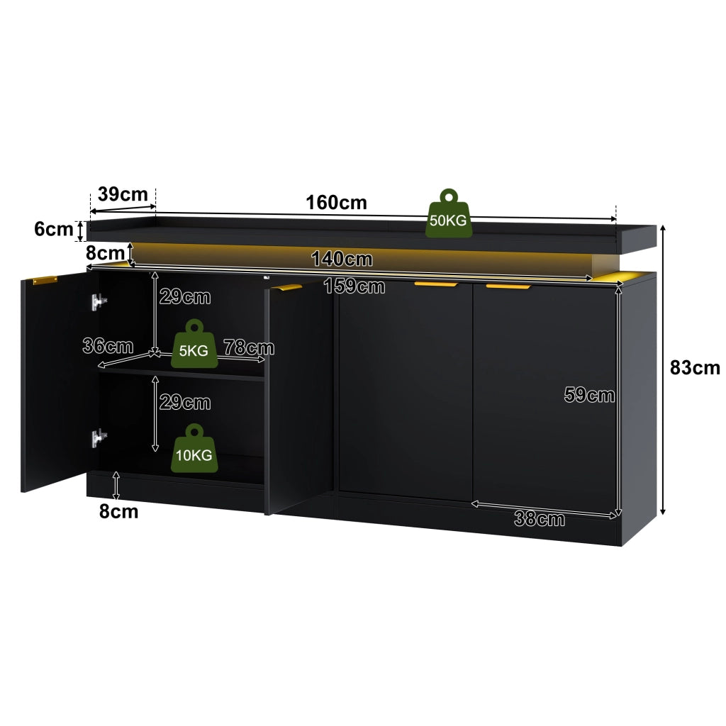 Credenza da cucina con 4 ante; ripiani fissi e LED RGB con controllo app in MDF nero 160 × 39 × 83 cm