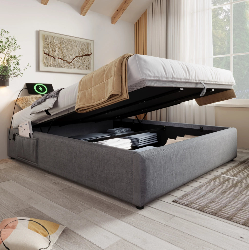 Letto matrimoniale 160x200 cm in cotone e lino grigio con vano e USB-C, senza materasso