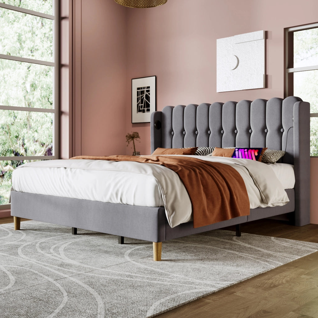 Letto matrimoniale imbottito grigio con funzione di ricarica USB Tipo C, struttura 180x200 cm in lino, con rete a doghe
