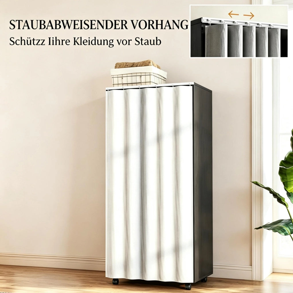 Guardaroba mobile con struttura in truciolato e tenda in tessuto opaco, 60x40x128 cm, nero e grigio