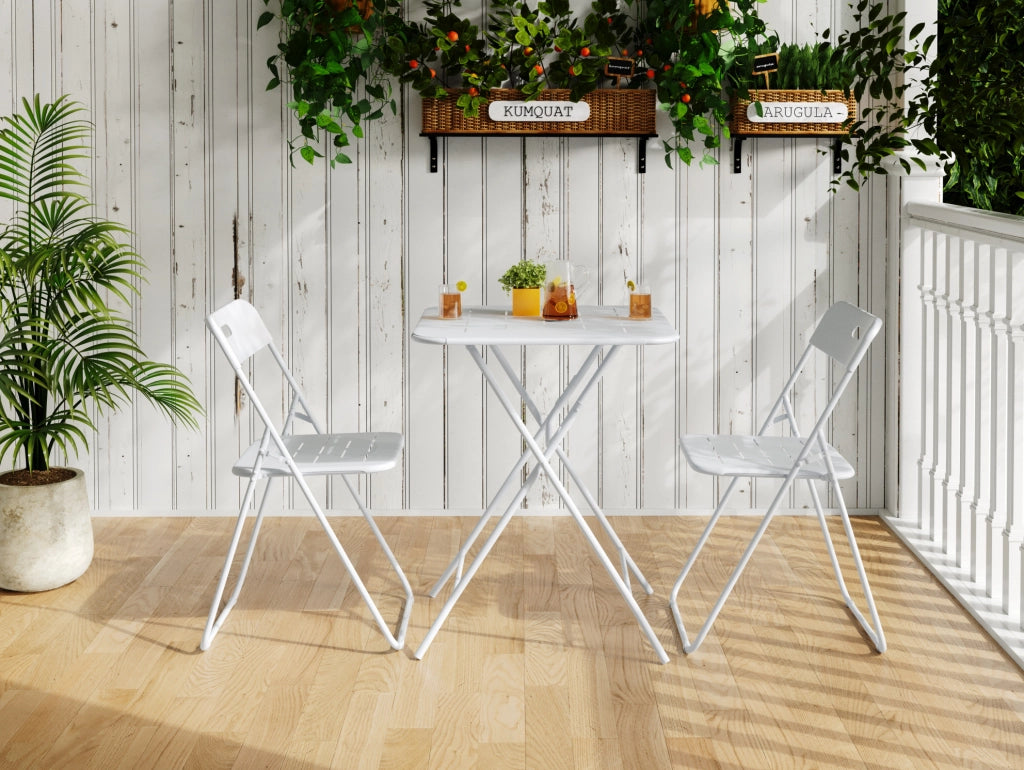 Set Bistro Pieghevole da Esterno in Acciaio a 3 Pezzi, Tavolo e 2 Sedie Resistenti alle Intemperie, Bianco