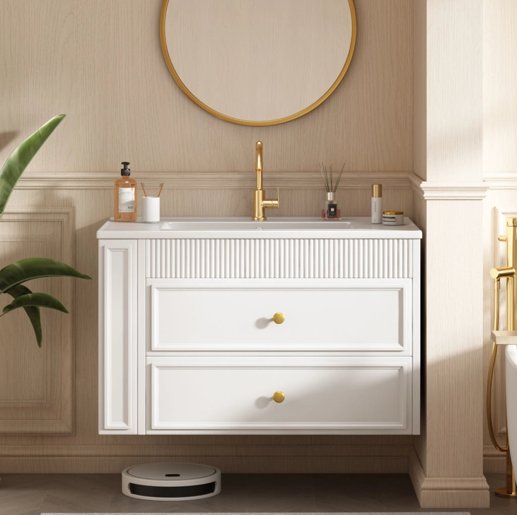 Mobile bagno sospeso 81 cm in MDF bianco lucido con lavabo in ceramica e 2 cassetti