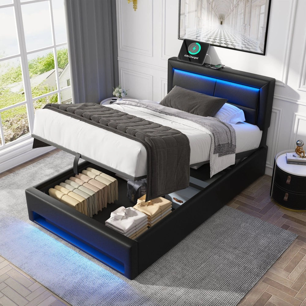 Letto Imbottito con LED e Contenitore ¨C MINIMAL ¨C 90x200, USB, Similpelle Nero